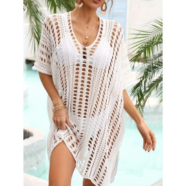 Plus Size Side Split Knitted Top, Casual Cut Out Short Sleeve Top, Women's Plus SizeÂ Clothing