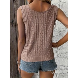 Plus Size Soft Cable Knit Tank Top - Comfortable Sleeveless V Neck for Curvy Women - Versatile Solid Color, Perfect for Spring & Summer Wardrobe