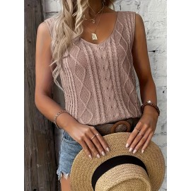 Plus Size Soft Cable Knit Tank Top - Comfortable Sleeveless V Neck for Curvy Women - Versatile Solid Color, Perfect for Spring & Summer Wardrobe