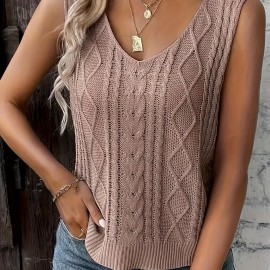 Plus Size Soft Cable Knit Tank Top - Comfortable Sleeveless V Neck for Curvy Women - Versatile Solid Color, Perfect for Spring & Summer Wardrobe