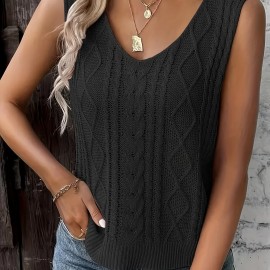 Plus Size Soft Cable Knit Tank Top - Comfortable Sleeveless V Neck for Curvy Women - Versatile Solid Color, Perfect for Spring & Summer Wardrobe