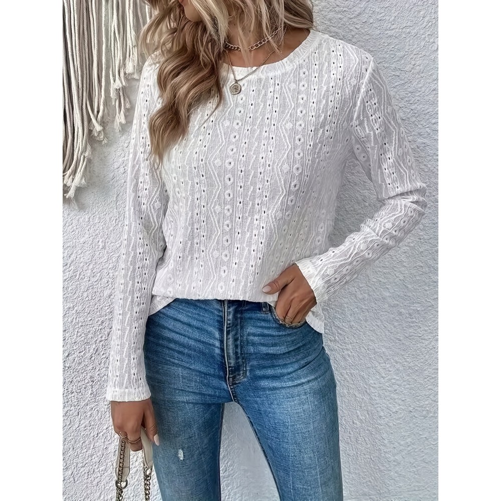 Plus Size Casual Top, Women's Plus Solid Eyelet Embroidered Long Sleeve Round Neck Slight Stretch Top