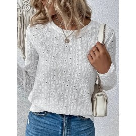 Plus Size Casual Top, Women's Plus Solid Eyelet Embroidered Long Sleeve Round Neck Slight Stretch Top