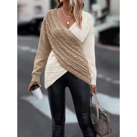 Cozy Plus Size Colorblock Sweater - Fashionable V Neck, Textured Design for Fall & Winter - Long Sleeve, Curvy Womens Clothing