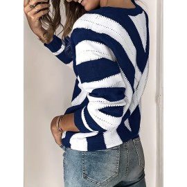 Chic Plus Size Striped V-Neck Sweater - Stretchy Knit Long Sleeve Pullover for Casual Wear