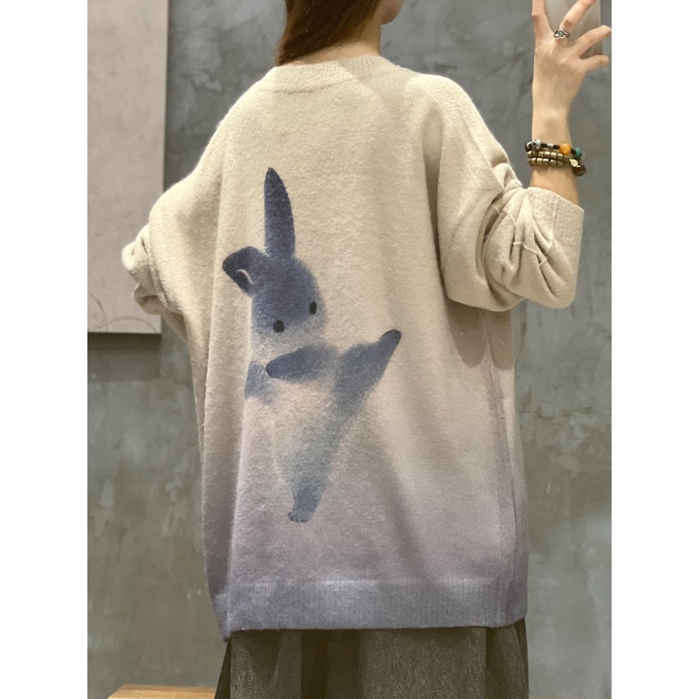 Plus Size Womens Cozy Rabbit Print Sweater - Fashionable Long Sleeve Jumper with Soft Round Neck