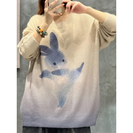 Plus Size Womens Cozy Rabbit Print Sweater - Fashionable Long Sleeve Jumper with Soft Round Neck