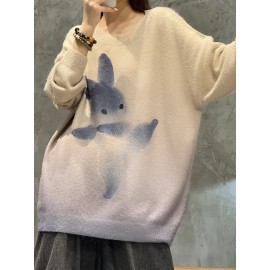 Plus Size Womens Cozy Rabbit Print Sweater - Fashionable Long Sleeve Jumper with Soft Round Neck