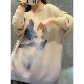 Plus Size Womens Cozy Rabbit Print Sweater - Fashionable Long Sleeve Jumper with Soft Round Neck