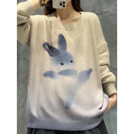 Plus Size Womens Cozy Rabbit Print Sweater - Fashionable Long Sleeve Jumper with Soft Round Neck