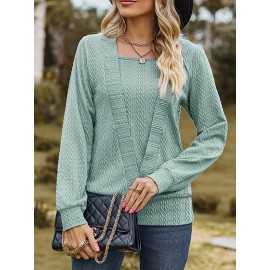 Plus Size Casual Knit Top, Women's Plus Solid Jacquard Long Sleeve Square Neck 2 In 1 Top