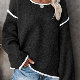 Comfy Plus-Size Crew Neck Sweater - Casual Solid Color with Slight Stretch, Machine Washable, Perfect for Spring/Fall