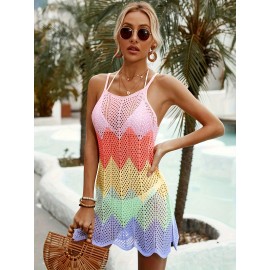 Plus Size Color Block Split Knitted Cami Dress, Sexy Scallop Trim Spaghetti Strap Dress For Spring & Summer, Women's Plus Size Clothing