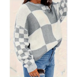 Plus Size Plaid Pattern Color Block Sweater, Casual Crew Neck Long Sleeve Sweater For Fall & Winter, Women's Plus Size Clothing