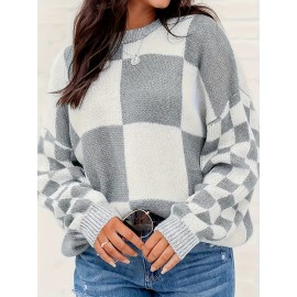 Plus Size Plaid Pattern Color Block Sweater, Casual Crew Neck Long Sleeve Sweater For Fall & Winter, Women's Plus Size Clothing