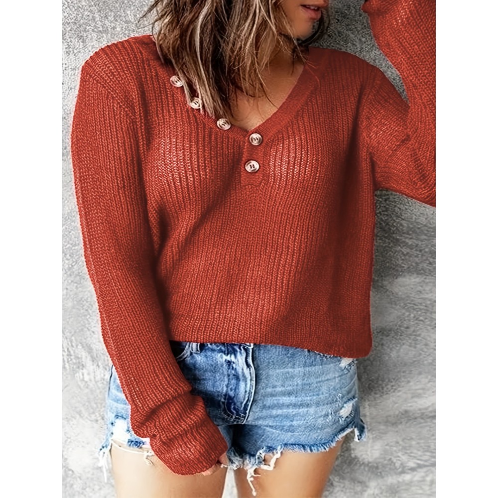 Plus Size Casual Sweater, Women's Plus Solid Button Decor Long Sleeve V Neck Slight Stretch Sweater