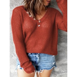 Plus Size Casual Sweater, Women's Plus Solid Button Decor Long Sleeve V Neck Slight Stretch Sweater