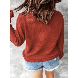 Plus Size Casual Sweater, Women's Plus Solid Button Decor Long Sleeve V Neck Slight Stretch Sweater