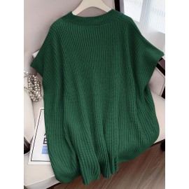 Plus Size Side Split Sweater, Casual Short Sleeve Crew Neck Sweater, Women's Plus SizeÂ Clothing