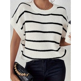 Plus Size Stripe Pattern Knit Sweater, Casual V Neck Short Sleeve Sweater For Fall & Spring, Women's Plus Size Clothing