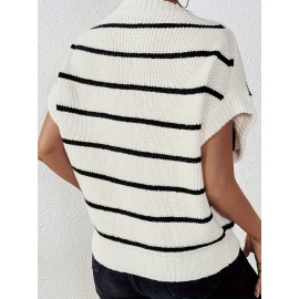 Plus Size Stripe Pattern Knit Sweater, Casual V Neck Short Sleeve Sweater For Fall & Spring, Women's Plus Size Clothing