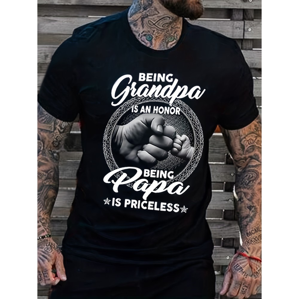 Grandpa/ Tropical Island Print, Men's Graphic Design Crew Neck Niche T-shirt, Casual Comfy Tees Tshirts For Summer, Men's Clothing Tops For Daily Vacation Resorts