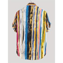 Men's Vertical Striped Short Sleeve Button Up Shirt - Casual Summer Vacation Top