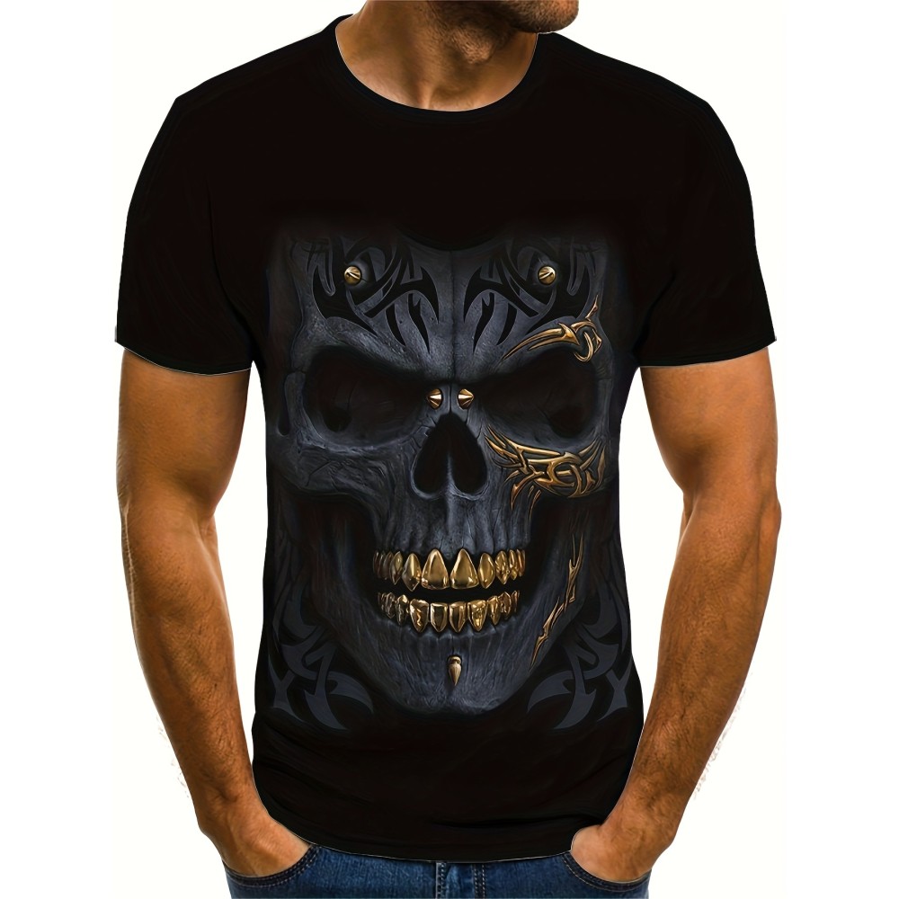 Men's Scary Skull Head 3D Print T-shirt with Golden Teeth - Trendy Graphic Summer Outdoor Tee