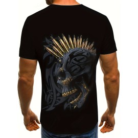 Men's Scary Skull Head 3D Print T-shirt with Golden Teeth - Trendy Graphic Summer Outdoor Tee