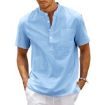 Men's Shirt Top, Solid Band Collar Short Sleeve Closure Summer Male Casual Henley Shirt For Daily Business Formal Shirts For Men