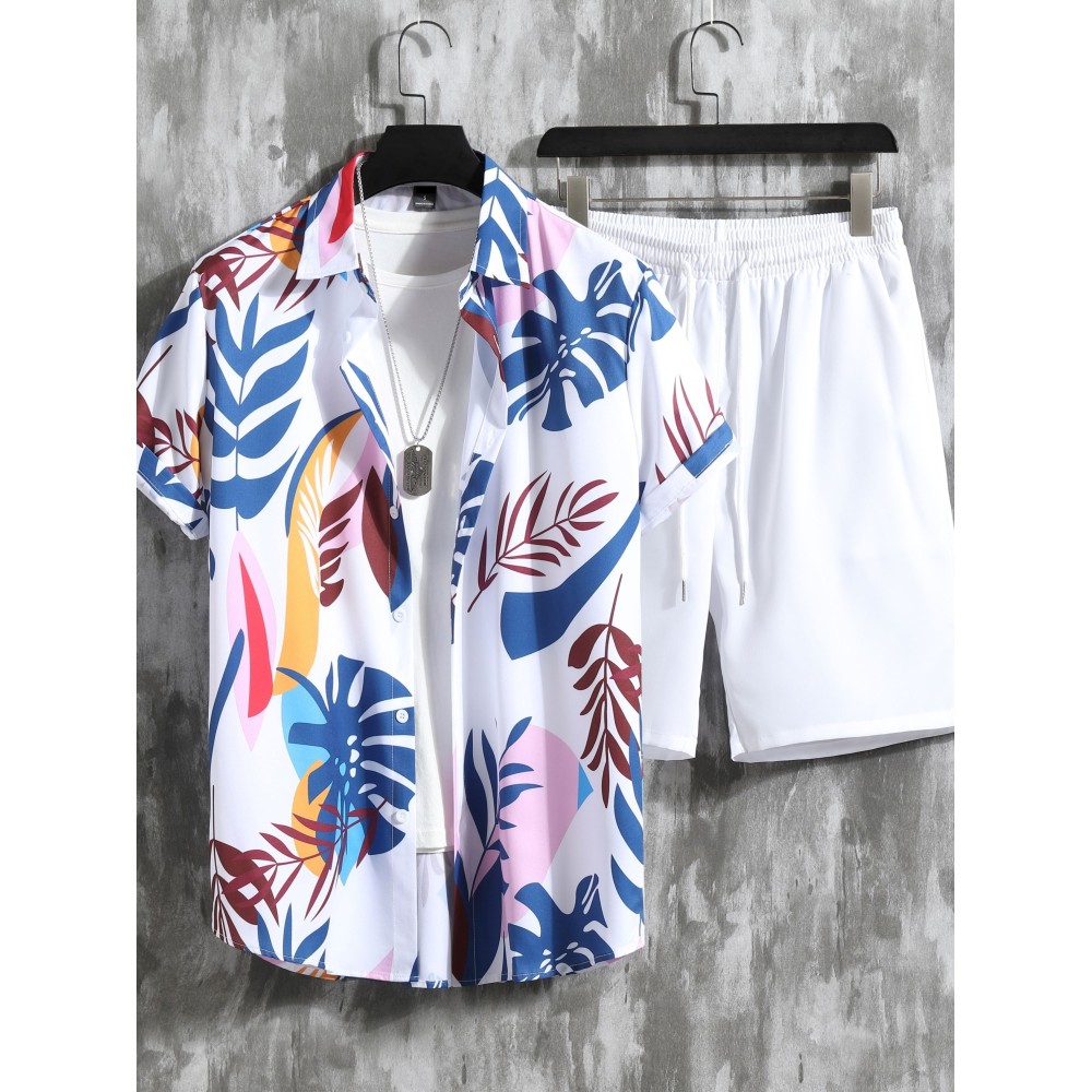 2pcs Men's Leaf Print Hawaiian Shirt and Drawstring Shorts Set - Casual Summer Outfit