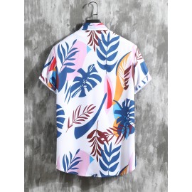 2pcs Men's Leaf Print Hawaiian Shirt and Drawstring Shorts Set - Casual Summer Outfit