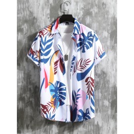 2pcs Men's Leaf Print Hawaiian Shirt and Drawstring Shorts Set - Casual Summer Outfit