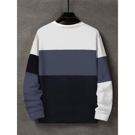 Color Block Trendy Sweatshirt, Men's Casual Graphic Design Slightly Stretch Crew Neck Pullover Sweatshirt For Autumn Winter