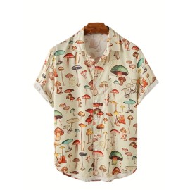 Fashion Trendy Men's Summer Lapel Mushroom Print Short Sleeve Beach Shirt, For Suffering In Summer