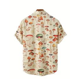 Fashion Trendy Men's Summer Lapel Mushroom Print Short Sleeve Beach Shirt, For Suffering In Summer