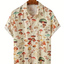 Fashion Trendy Men's Summer Lapel Mushroom Print Short Sleeve Beach Shirt, For Suffering In Summer