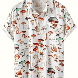 Fashion Trendy Men's Summer Lapel Mushroom Print Short Sleeve Beach Shirt, For Suffering In Summer