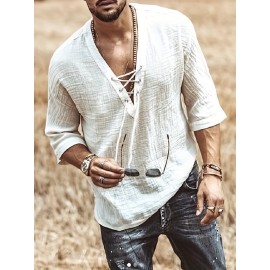 Men's Retro Shirt Top V Neck Lace Up Collar Middle Sleeves Closure Regular Fit Male Casual Shirt For Daily Beach Resorts Summer