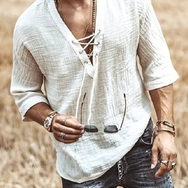 Men's Retro Shirt Top V Neck Lace Up Collar Middle Sleeves Closure Regular Fit Male Casual Shirt For Daily Beach Resorts Summer