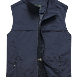 Zipper Pockets Cargo Vest, Men's Casual Outwear Stand Collar Zip Up Vest For Spring Summer Outdoor Fishing Photography