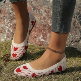 Women's Heart Print Mesh Flast, Knitted Lightweight Soft Sole Casual Ballets, Breathable Low-top Valentine's Day Shoes