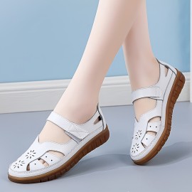 Women's Solid Color Comfy Flats, Hollow Out Soft Sole Platform Casual Shoes, Ankle Belt Closed Toe Shoes