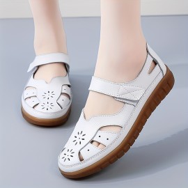 Women's Solid Color Comfy Flats, Hollow Out Soft Sole Platform Casual Shoes, Ankle Belt Closed Toe Shoes