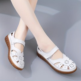 Women's Solid Color Comfy Flats, Hollow Out Soft Sole Platform Casual Shoes, Ankle Belt Closed Toe Shoes