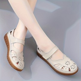 Women's Solid Color Comfy Flats, Hollow Out Soft Sole Platform Casual Shoes, Ankle Belt Closed Toe Shoes