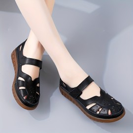 Women's Solid Color Comfy Flats, Hollow Out Soft Sole Platform Casual Shoes, Ankle Belt Closed Toe Shoes