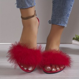 Women's Solid Color Slide Sandals, Casual Faux Fur Decor Summer Shoes, Lightweight Slide Sandals