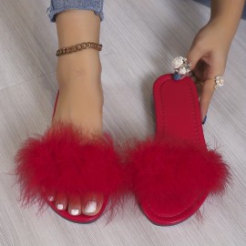 Women's Solid Color Slide Sandals, Casual Faux Fur Decor Summer Shoes, Lightweight Slide Sandals