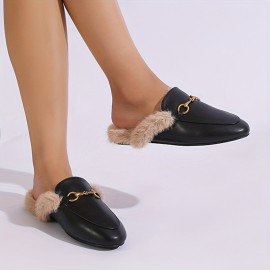 Women's Solid Color Fluffy Flats, Metallic Buckle Decor Comfy Fleece Lining Shoes, Winter Warm Plush Slides Shoes